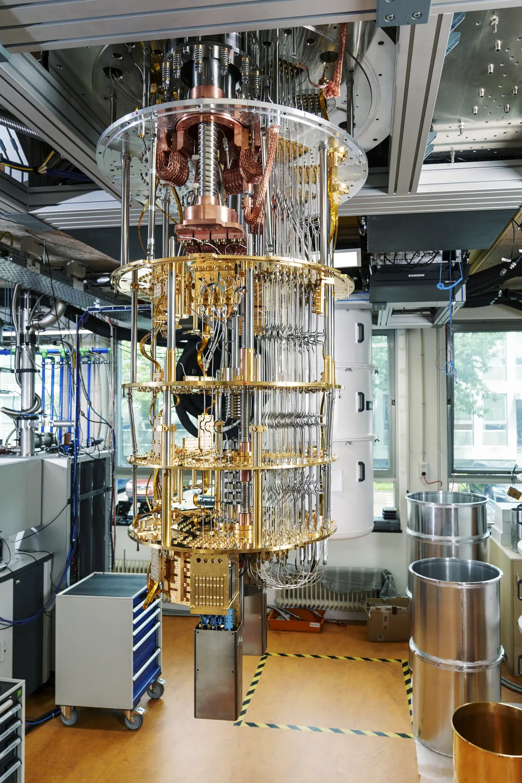 A dilution fridge as used for superconducting quantum computers.  